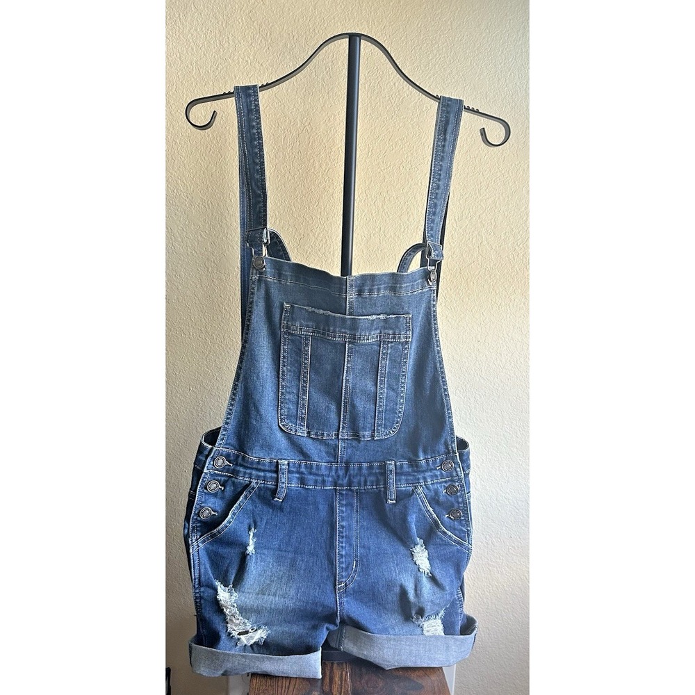 KanCan Women's Sz M Blue Denim Distressed Overall Shorts Romper Stretch Pockets - Picture 13 of 14